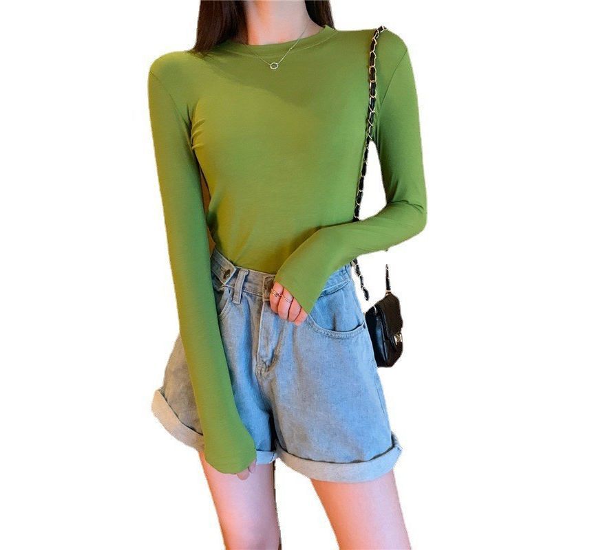 Neck Round Plain Long-Sleeve Tee