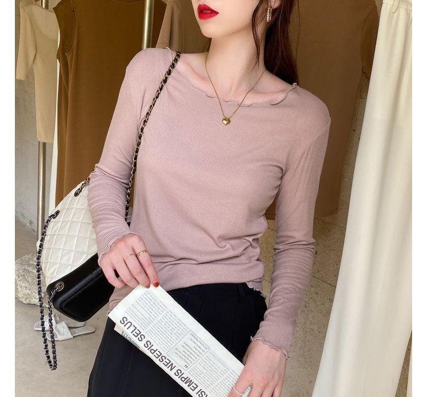 Tee Neck Scoop Lettuce Edge Plain Ribbed Long-Sleeve