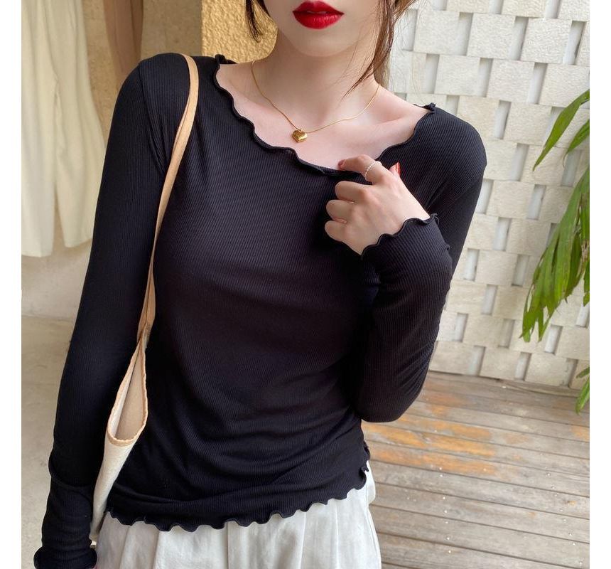 Tee Neck Scoop Lettuce Edge Plain Ribbed Long-Sleeve