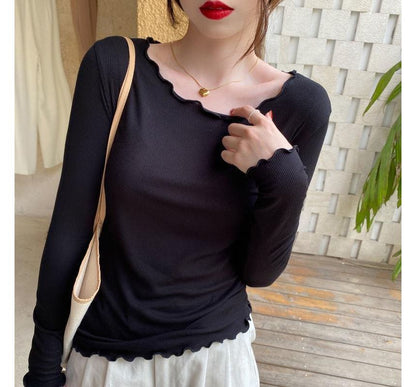 Tee Neck Scoop Lettuce Edge Plain Ribbed Long-Sleeve