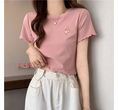 Crop Neck Embroidered Crew T-Shirt Short-Sleeve