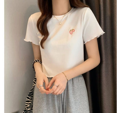 Crop Neck Embroidered Crew T-Shirt Short-Sleeve