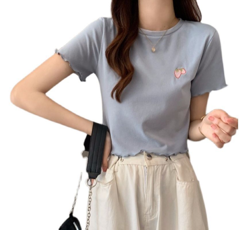 Crop Neck Embroidered Crew T-Shirt Short-Sleeve