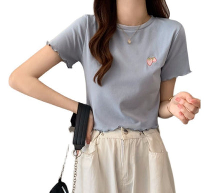 Crop Neck Embroidered Crew T-Shirt Short-Sleeve