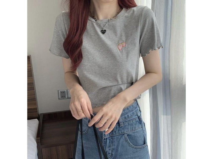 Crop Neck Embroidered Crew T-Shirt Short-Sleeve