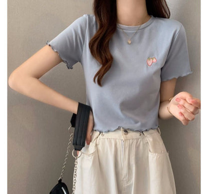 Crop Neck Embroidered Crew T-Shirt Short-Sleeve