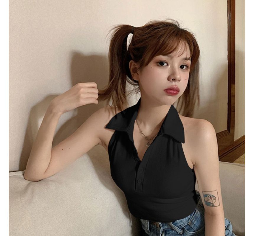 Crop Polo Sleeveless Shirt Plain