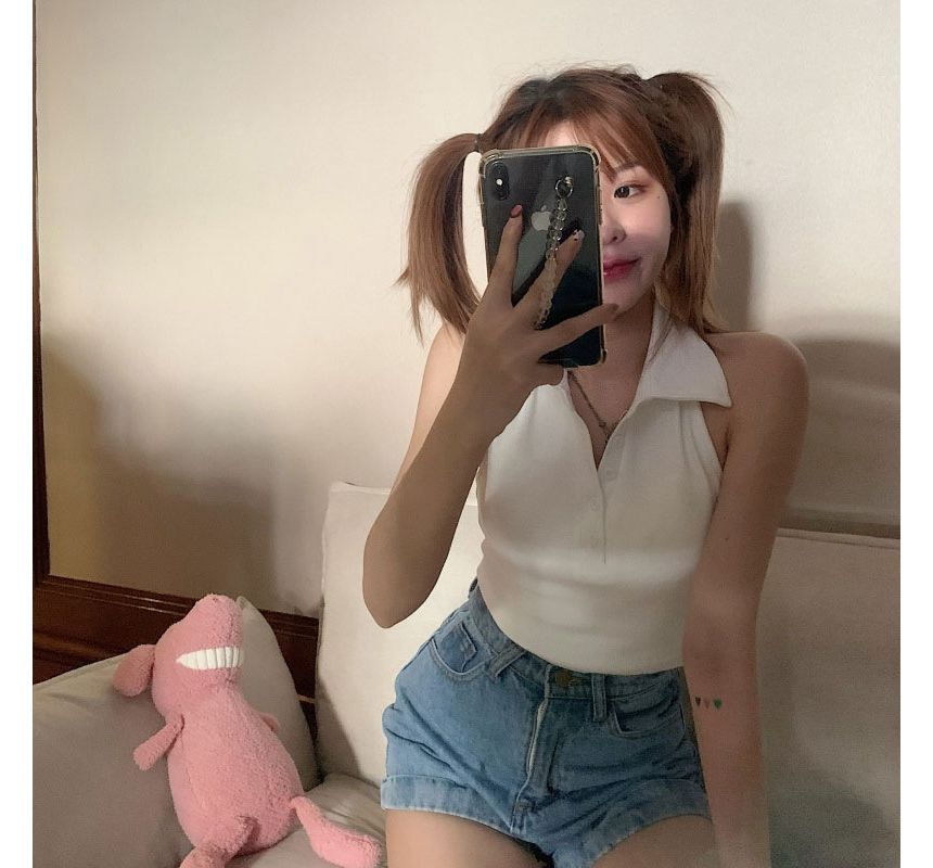Crop Polo Sleeveless Shirt Plain