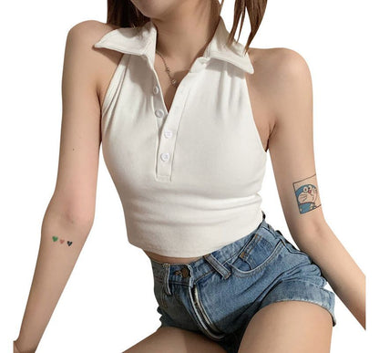Crop Polo Sleeveless Shirt Plain