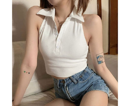 Crop Polo Sleeveless Shirt Plain