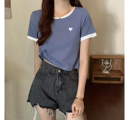 Heart Round Trim Tee Neck Short-Sleeve Contrast
