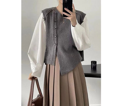 Hem Button-Up Crew Asymmetrical Plain Neck Vest Sweater