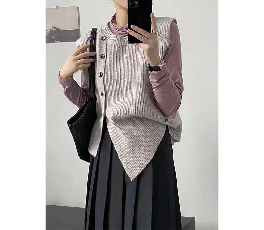 Hem Button-Up Crew Asymmetrical Plain Neck Vest Sweater