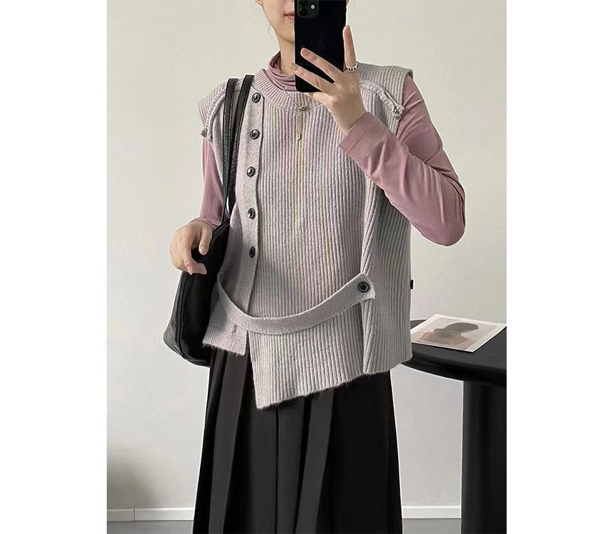 Hem Button-Up Crew Asymmetrical Plain Neck Vest Sweater