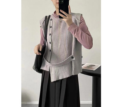 Hem Button-Up Crew Asymmetrical Plain Neck Vest Sweater