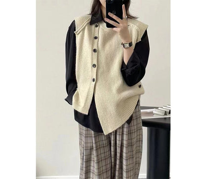 Hem Button-Up Crew Asymmetrical Plain Neck Vest Sweater
