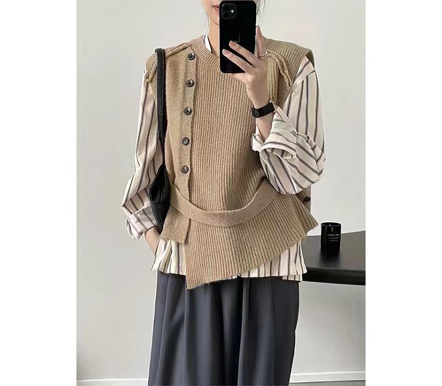 Hem Button-Up Crew Asymmetrical Plain Neck Vest Sweater