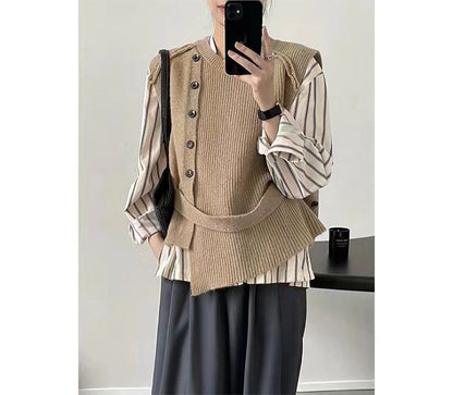 Hem Button-Up Crew Asymmetrical Plain Neck Vest Sweater