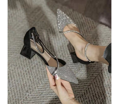 Block Pointy Rhinestone Sandals Heel