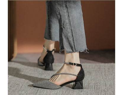 Block Pointy Rhinestone Sandals Heel