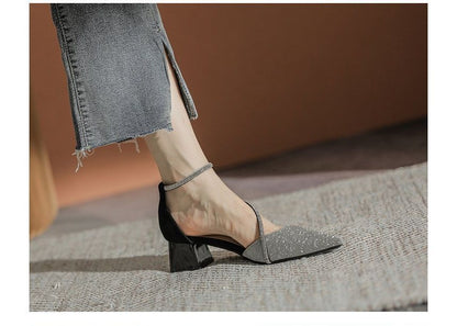 Block Pointy Rhinestone Sandals Heel