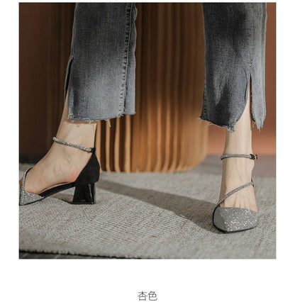 Block Pointy Rhinestone Sandals Heel
