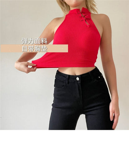 Plain Frog Button Padded Crop Tank Top