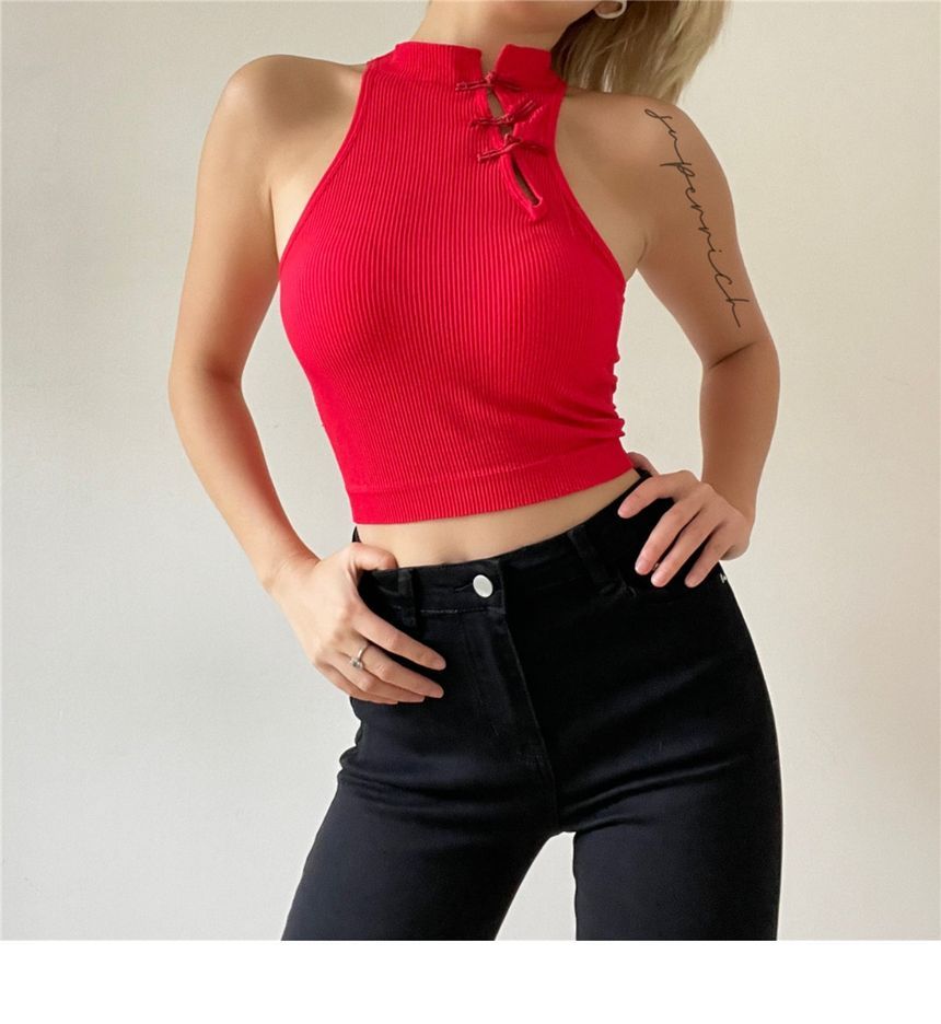 Button Crop Padded Top Plain Tank Frog