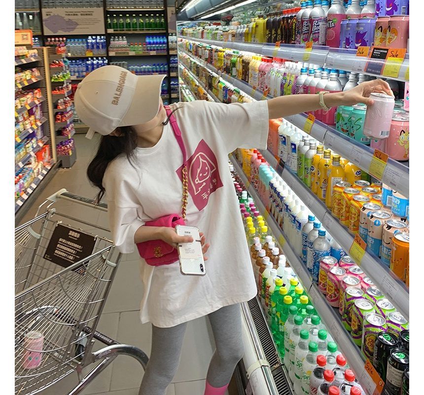 T-Shirt Cartoon Neck Elbow-Sleeve Crew Print