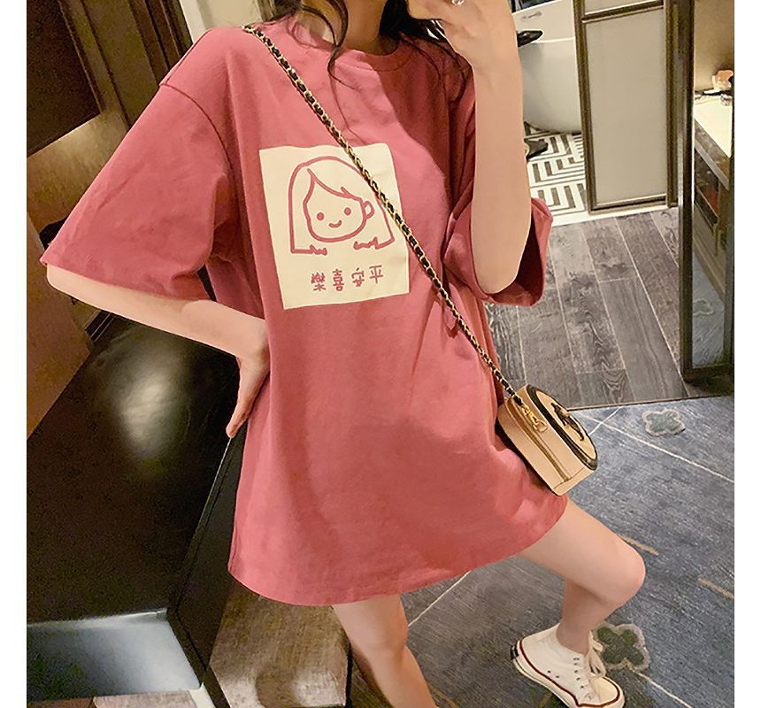 T-Shirt Cartoon Neck Elbow-Sleeve Crew Print