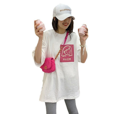 T-Shirt Cartoon Neck Elbow-Sleeve Crew Print