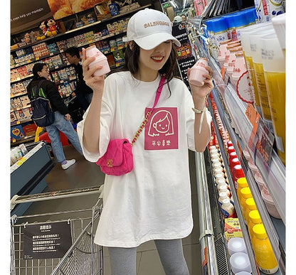 T-Shirt Cartoon Neck Elbow-Sleeve Crew Print