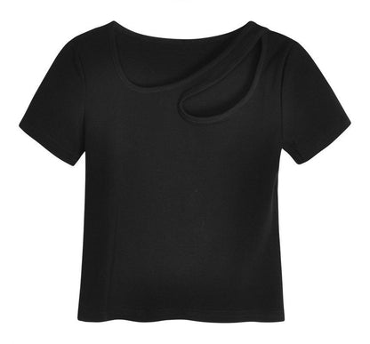 Asymmetrical Cutout Neck Plain Short-Sleeve T-Shirt