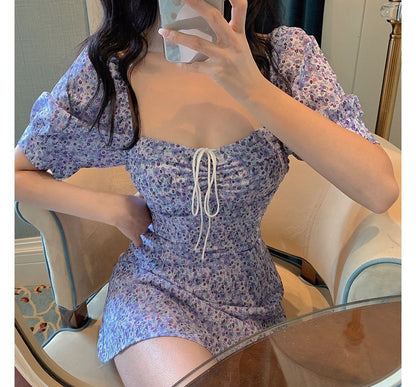 Short-Sleeve Floral Sheath Neck Dress Square Mini