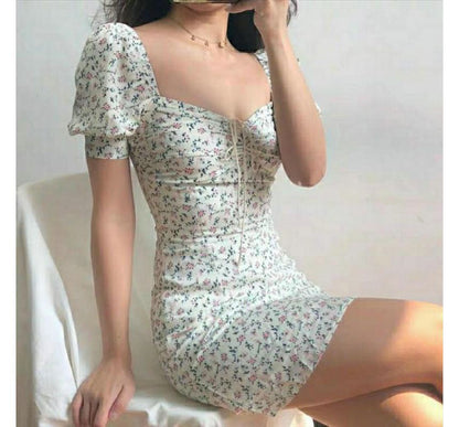 Short-Sleeve Floral Sheath Neck Dress Square Mini