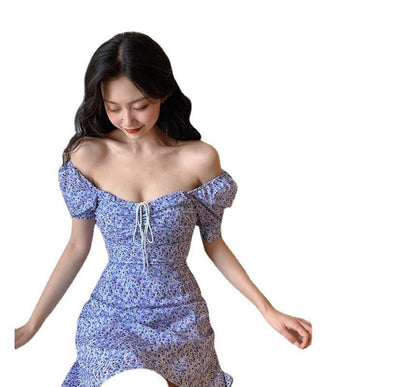 Short-Sleeve Floral Sheath Neck Dress Square Mini