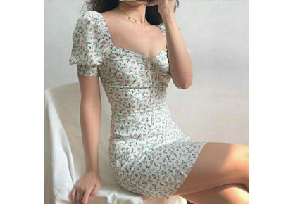 Short-Sleeve Floral Sheath Neck Dress Square Mini