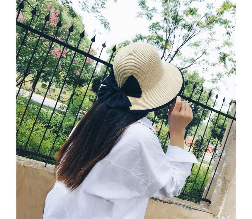 Bow Sun Straw Piped Hat