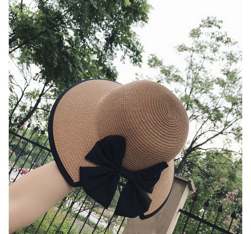 Bow Sun Straw Piped Hat