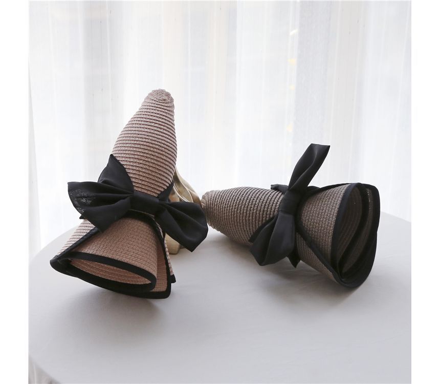 Bow Sun Straw Piped Hat