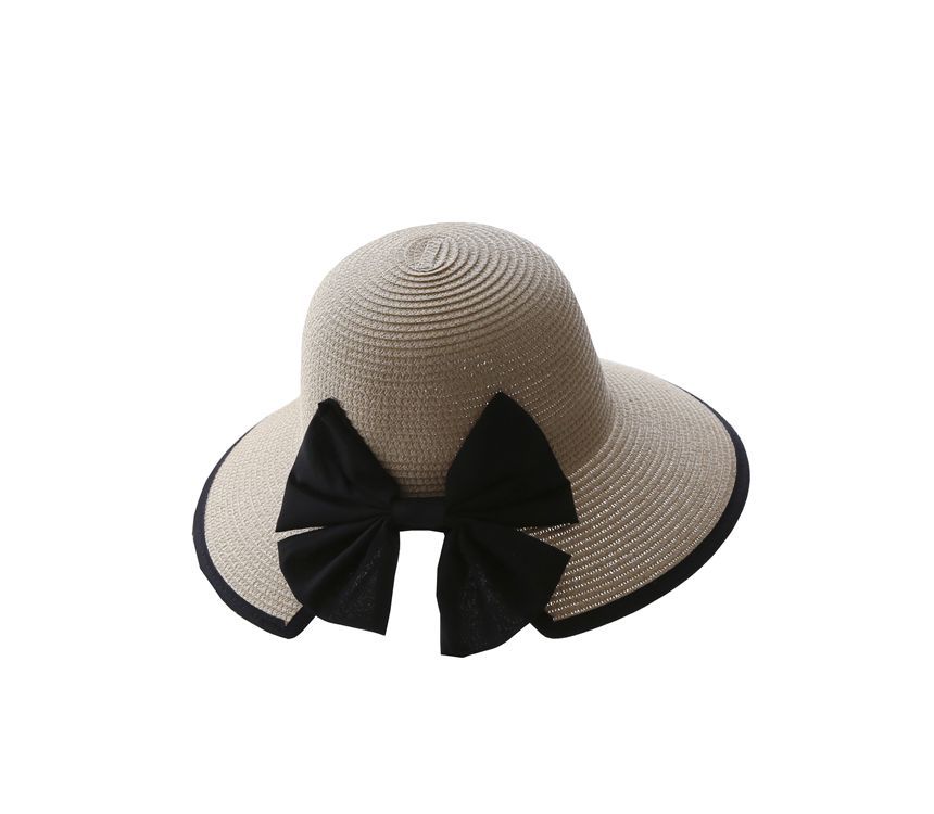 Bow Sun Straw Piped Hat
