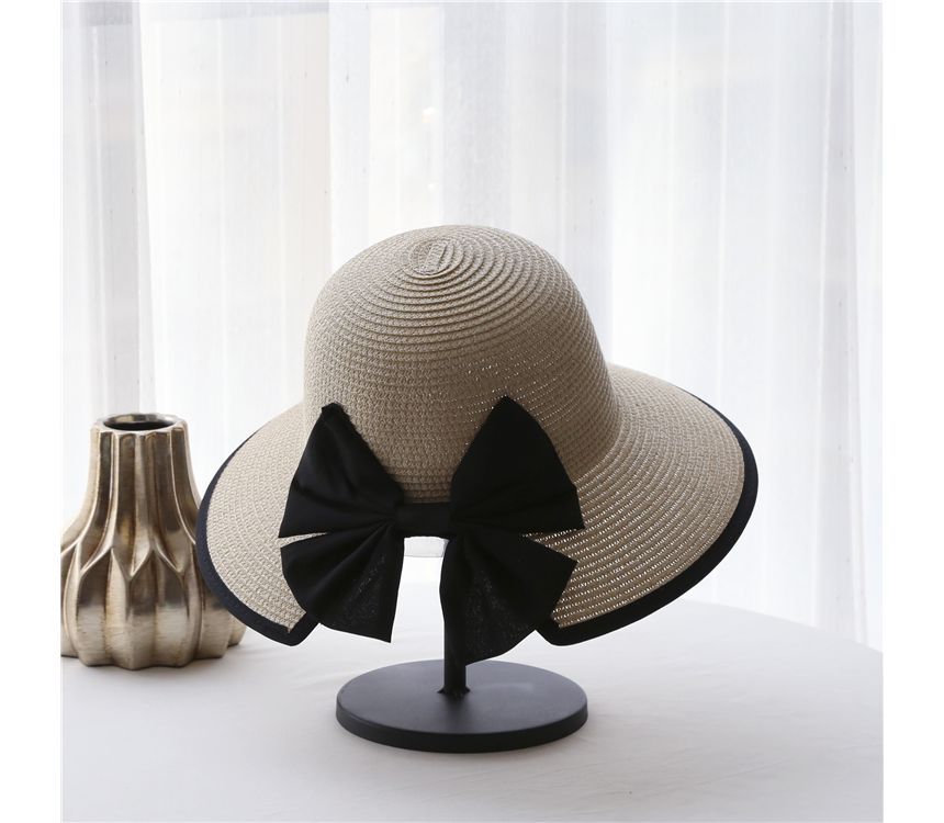 Bow Sun Straw Piped Hat