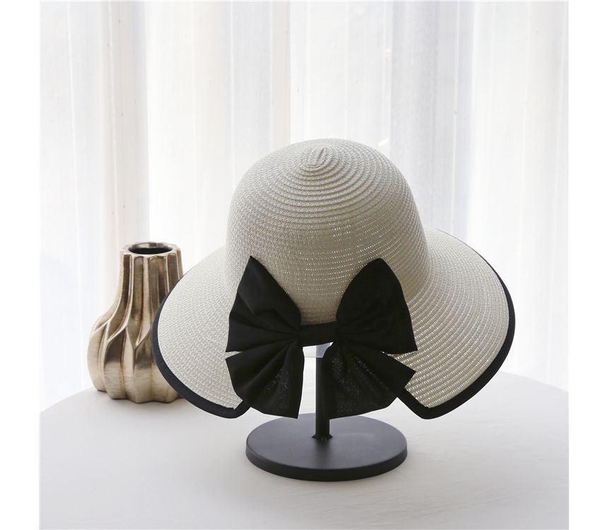 Bow Sun Straw Piped Hat
