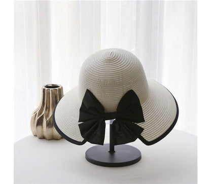 Bow Sun Straw Piped Hat