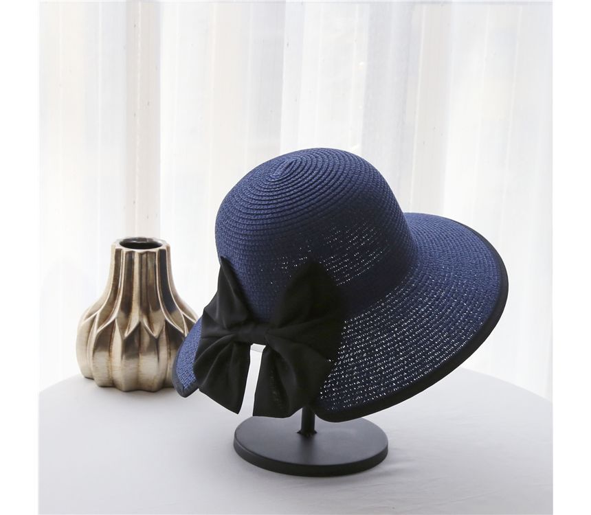 Bow Sun Straw Piped Hat