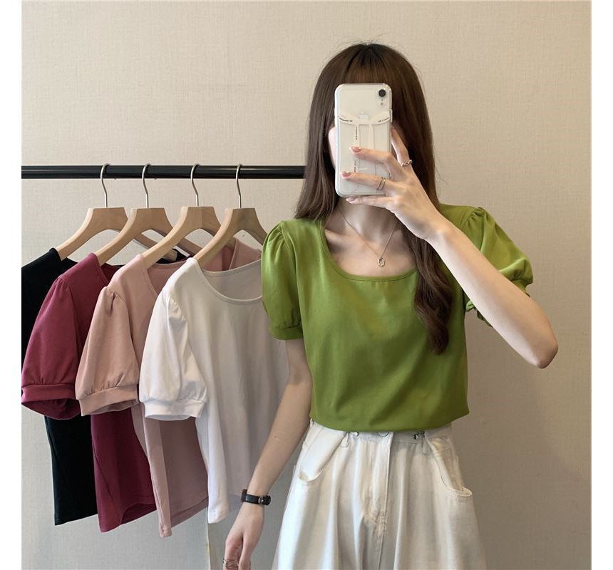 Scoop T-Shirt Puff-Sleeve Neck Plain