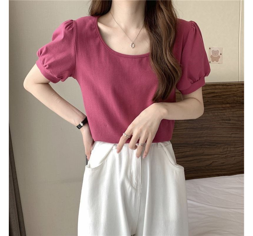 Scoop T-Shirt Puff-Sleeve Neck Plain