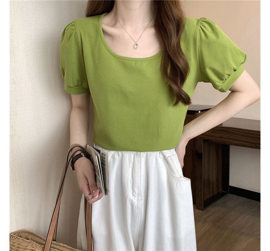 Scoop T-Shirt Puff-Sleeve Neck Plain
