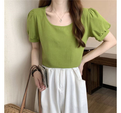Scoop T-Shirt Puff-Sleeve Neck Plain