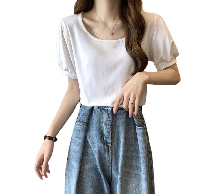 Scoop T-Shirt Puff-Sleeve Neck Plain